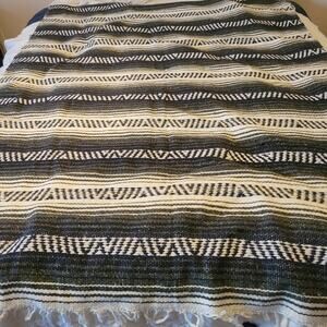 Vintage Afghan Blanket Large Black White Green Retro Fringe Handmade‎ Goth Boho